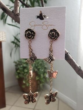 Jessica Simpson Antique Gold Floral & Butterfly Drop Earrings